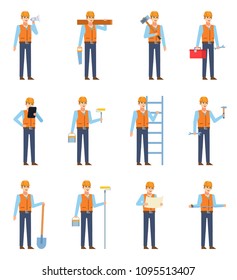 Set of construction workers showing various actions. Cheerful workman holding shovel, wrench, toolbox, ladder and other tools. Flat design vector illustration