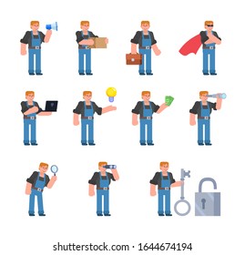 Set of construction workers showing various poses. Mechanic or builder holding megaphone, big key, laptop, idea and showing other actions. Flat design vector illustration