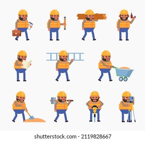 Set of construction workers showing various actions. Cheerful workman holding drill, jackhammer, ladder and other tools. Modern vector illustration