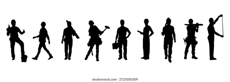 Conjunto de silhuetas de trabalhadores da construção em várias poses. Construtores de pé, andando, trabalhando e segurando ferramentas. Grupo de silhuetas operárias masculinas isoladas sobre fundo branco. Construção, renovação, mão de obra industrial, trabalho em equipe e conceito de indústria da construção. Ilustração vetorial plana para design, banners, cartazes e apresentações.