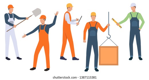 Set of construction workers at site. Male builders in various positions. Vector illustration can be used for presentation, construction industry, house project