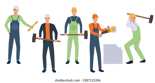 Set of construction workers with tools. Crowd of female cartoon characters in hardhats holding circular saw, level tool and hammers. Vector illustration for presentation, building, promo