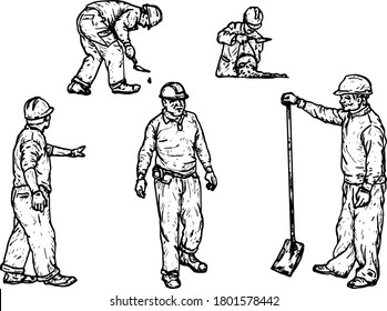 A set of construction workers wearing hard hats. Hand drawn vector illustration.