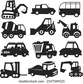 Set of Constructions Mixer Vehicles flat isolated vector Silhouettes