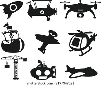 Conjunto de construcciones Vehículos, drones, helicópteros aislados vector plano Siluetas