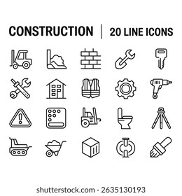 A set of constructionthemed icons in a minimalist black line art style, encompassing tools, safety gear, and equipment crucial for building and development projects.