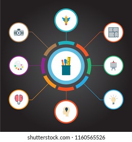Set of constructive icons flat style symbols with drawing tools, palette, easel and other icons for your web mobile app logo design.