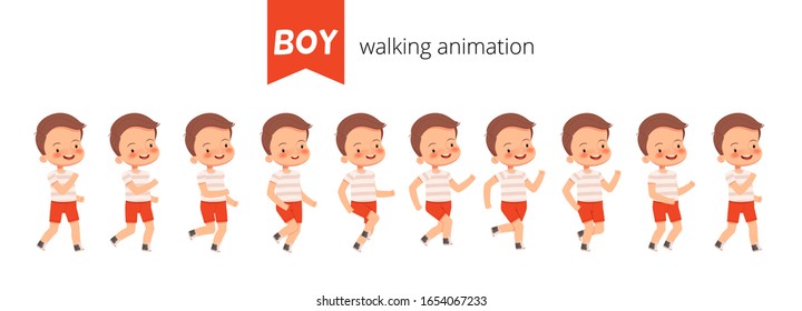 Set constructor animation walk of a little cute boy. Poses of a walking child for animation