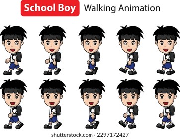 Establece el paseo de animación de un pequeño escolar. La posesión de un niño que camina para la animación. Vector estudiantil.