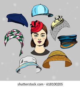 Set constructor of fashion female hats for different occasion.Hand drawn with ink pen sketch and portrait of a nice girl.