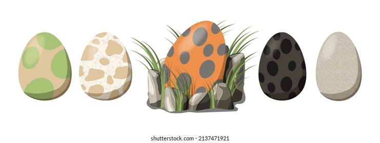 Set constructor Nest of dinosaurs with eggs and grass. Collection Dinosaur egg. Cartoon style. Vector illustration