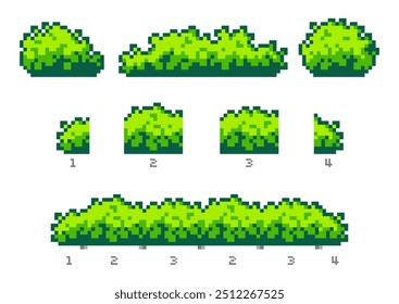 Conjunto e construtor de imagens gráficas pixel de arbustos. Ativos de jogos para preencher locais de jogos 2D