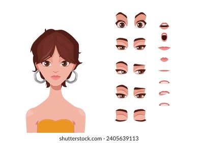 A set of constructors for the face of a stylish girl isolated on a white background. Vector set of eyes, lips, eyebrows of a young woman. Female game character or avatar design elements. 