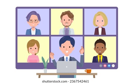A set of consultant job man having an online meeting with multiple people. Front angle.It's vector art so easy to edit.