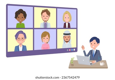 A set of consultant job man having an online meeting with multiple people. perspective angle.It's vector art so easy to edit.