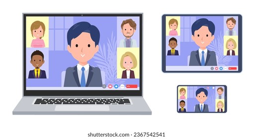 A set of consultant job man having an online meeting. A set of laptop, tablet and smartphone.It's vector art so easy to edit.