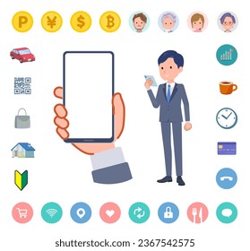 A set of consultant job man looking at a smartphone screen.It's vector art so easy to edit.The inside of the screen is transparent, so it is easy to fit.