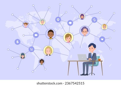 A set of consultant job man operating a PC and transmitting information on social media.It's vector art so easy to edit.