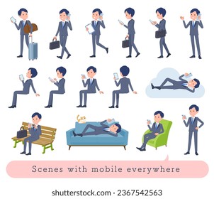 A set of consultant job man who uses a smartphone in various scenes.It's vector art so easy to edit.