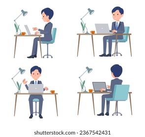 A set of consultant job man working at a desk at a computer.It's vector art so easy to edit.