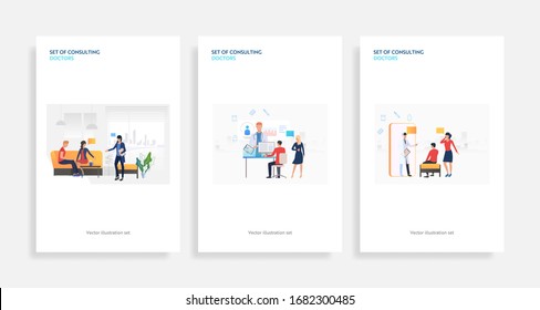 Set of consulting doctors. Flat vector illustrations of patients using laptops or mobile phones and talking to doctors. Online consulting concept for banner, website design or landing web page