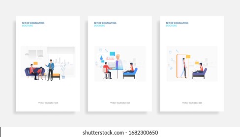 Set of consulting doctors. Flat vector illustrations of patients using laptops or mobile phones and talking to doctors. Online consulting concept for banner, website design or landing web page