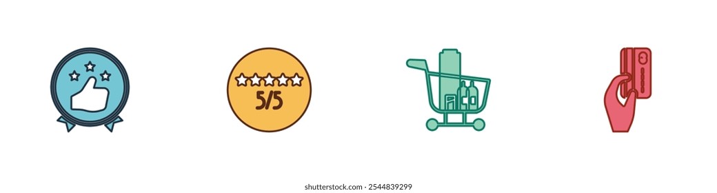 Set Consumer or customer product rating, , Shopping cart and food and Hand holding with credit card icon. Vector