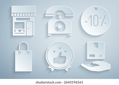 Definir a classificação do produto do consumidor ou do cliente, etiqueta de dez por cento de desconto, Saco de compras de papel, Mão de entrega com caixas, Telefone e compras construindo ícone da loja de mercado. Vetor