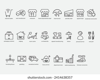 conjunto de iconos de esquema del sector de la industria cíclica de consumo 
