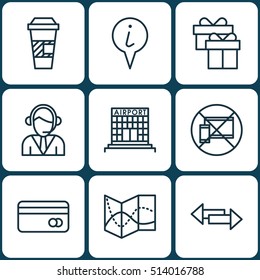 Set Of Consumer Journey Icons On Info Pointer, Road Map And Operator Topics. Editable Vector Illustration. Includes Coffee, Call, Present And More Consumer Journey Vector Icons.