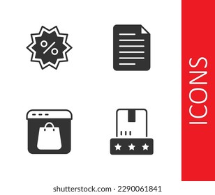 Establece la clasificación de productos de consumo, la etiqueta Porcentaje de descuento, la pantalla de compras en línea y el icono de documento de archivo. Vector