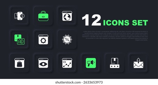 Establezca la clasificación de productos de consumo, correo y correo electrónico, configuración del navegador, megáfono, publicidad, colección de información personal, maletín e ícono de análisis de mercado. Vector