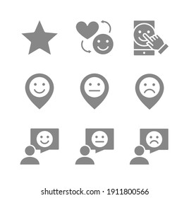 Set of consumer testimonials gray icons. Customer review, rating, feedback, social networks and more.