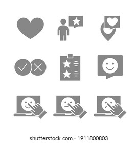 Set of consumers feedback gray icons. Like and dislike, testimonials, quality control, customer review and more.