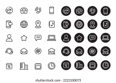 Conjunto de iconos de contacto y comunicación con diseños lineales y negros aislados en fondo blanco