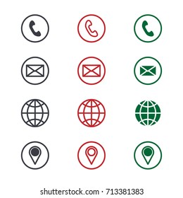 Set of contact detail icon isolated on white background in green, red, and black. Phone, email, global, location icon. EPS10 vector illustration for design element, infographics, business card design.