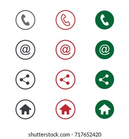 Set of contact detail icon isolated on white background in green, red, and black. Phone, email, share, location icon. EPS10 vector illustration for design element, infographics, business card design.