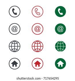 Set Of Contact Detail Icon Isolated On White Background In Green, Red, And Black. Phone, Globe, Email, Location Icon. EPS10 Vector Illustration For Design Element, Infographics, Business Card Design.