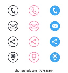 Set of contact detail icon isolated on white background in pink, blue and black. Phone, share, email, location icon. EPS10 vector illustration for design element, infographics, business card design.