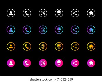 Set Of Contact Detail Icon Isolated On Black Background In White, And Neon Colors. Phone, Email, Address, Location Icon. Vector Illustration For Design Element, Infographics, Business Card Design.