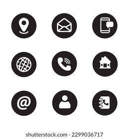 Set contact icon with black and white color in a round shape isolated on white background