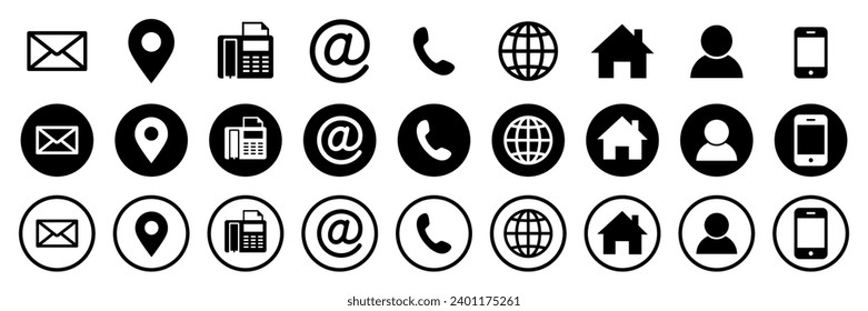 Set contact icon. Business card contact information icons.