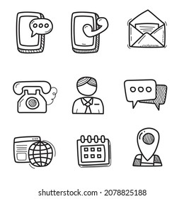 Set of contact icon in doodle drawing style isolated on white background