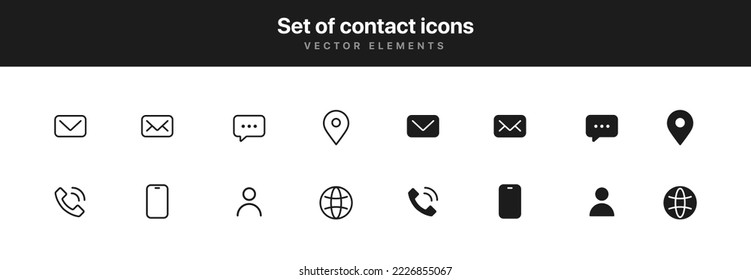 Set contact icon simple line style communication icons. Message chat messaging chatting phone talking location internet people mail inbox icon symbol sign for UI UX website mobile app.