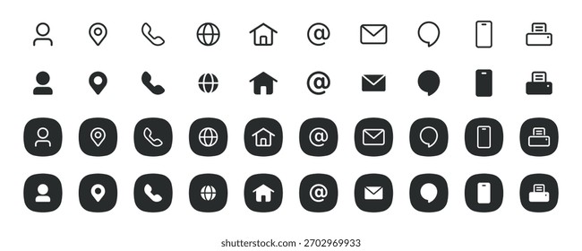Definir ícone de contato ícones de comunicação de estilo de linha simples. Mensagem, bate-papo, mensagens, bate-papo, telefone, conversando, local, internet, pessoas, email, caixa de entrada, símbolo de ícone de casa para aplicativo móvel de site UX UI.