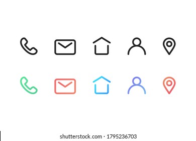 Set of contact icons in black outline design on transparent background. Isolated gradient colorful  icons of phone, mail, location pin and account sign.  Contact us collection in black and gradient. 