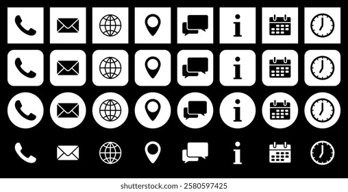 Set of contact icons. Phone, mail, location pin and website. Live chat or support, info, calendar and clock. Schedule and working hours. Set of white on black round and square icons.