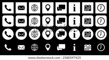 Set of contact icons. Phone, mail, location pin and website. Live chat or support, info, calendar and clock. Schedule and working hours. Set of white on black round and square icons.