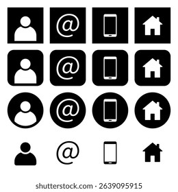 Set of contact icons. Profile, email, cell phone and address. Set of black round and square icons.