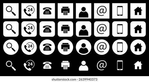 Set of contact icons. Profile, email, cell phone and address. Search, 24 hour support, phone and fax. Set of white round and square icons on a black background